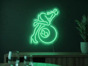 Neonskylt «Biljard» i mintgrön LED-neon, monterad på vägg