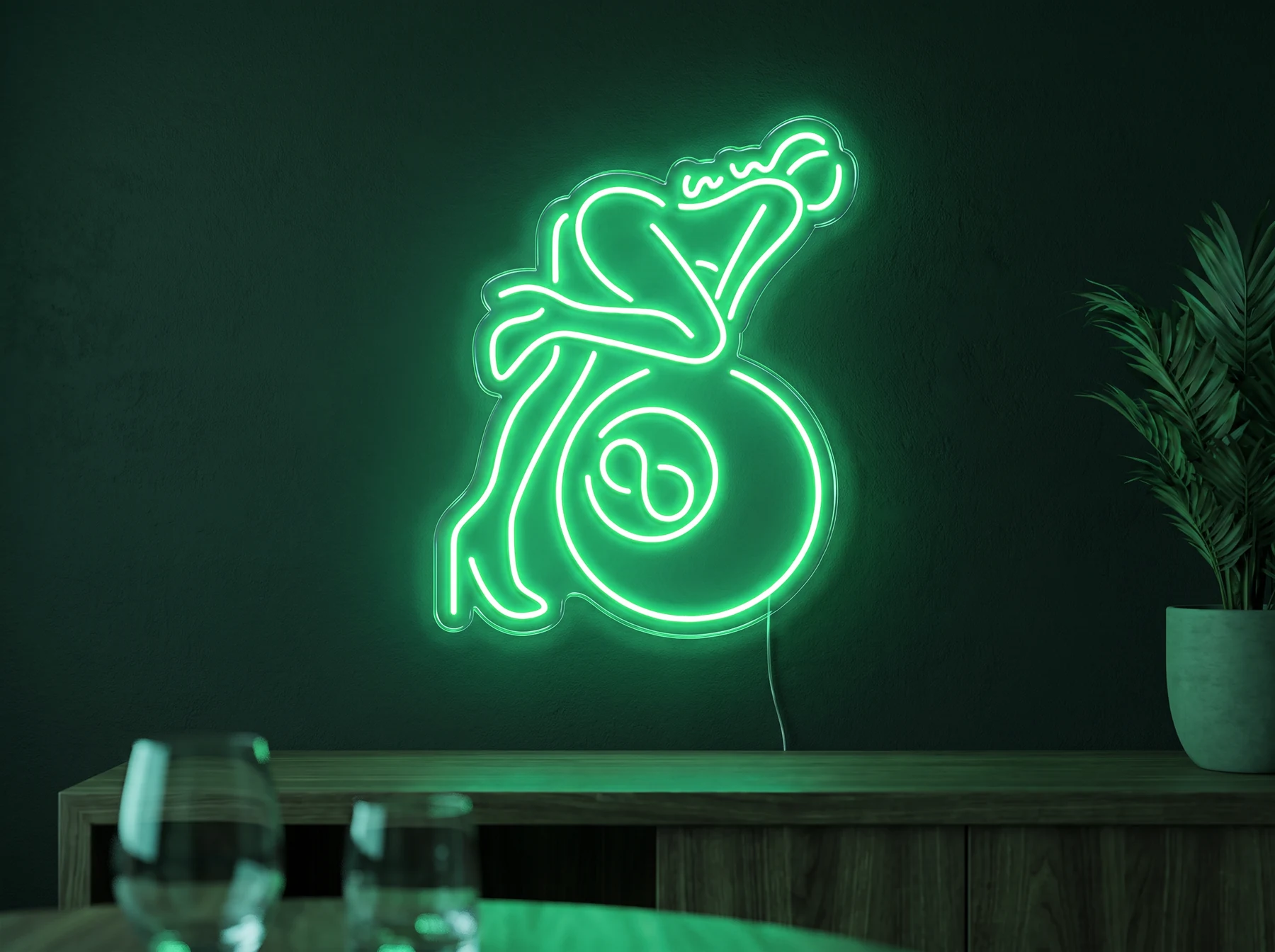 Neonskylt «Biljard» i mintgrön LED-neon, monterad på vägg