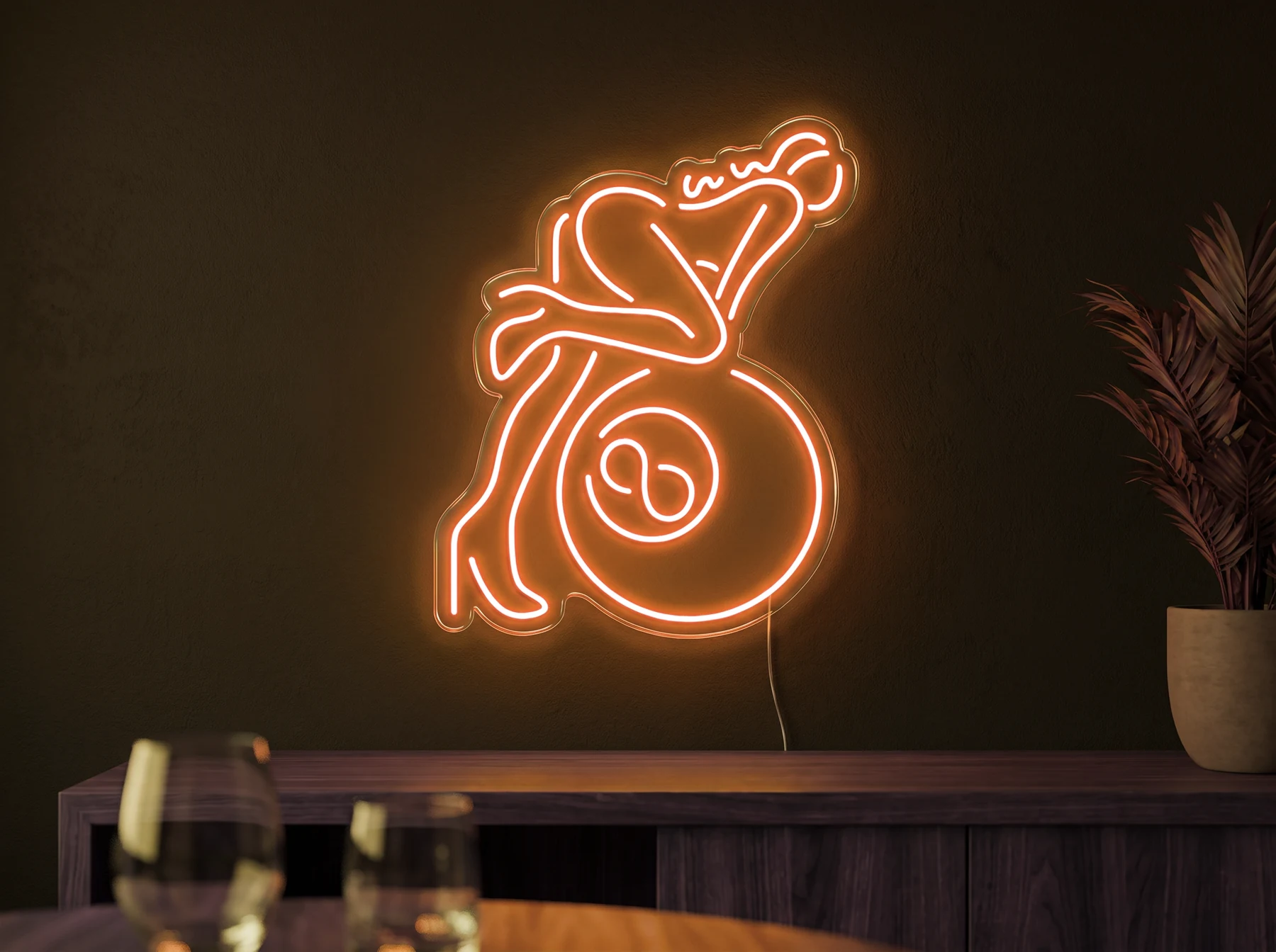 Neonskylt «Biljard» i orange LED-neon, monterad på vägg