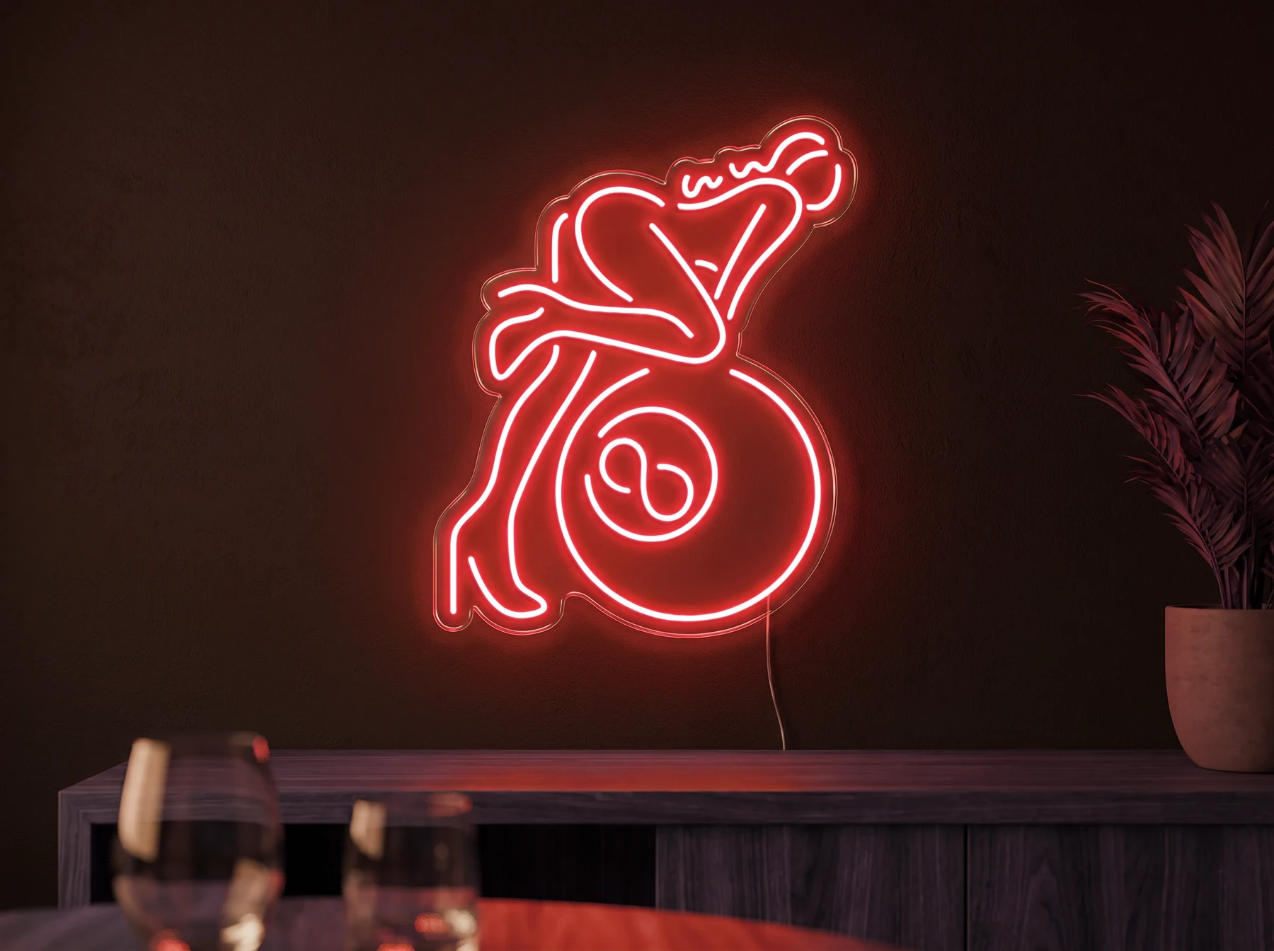Neonskylt «Biljard» i röd LED-neon, monterad på vägg