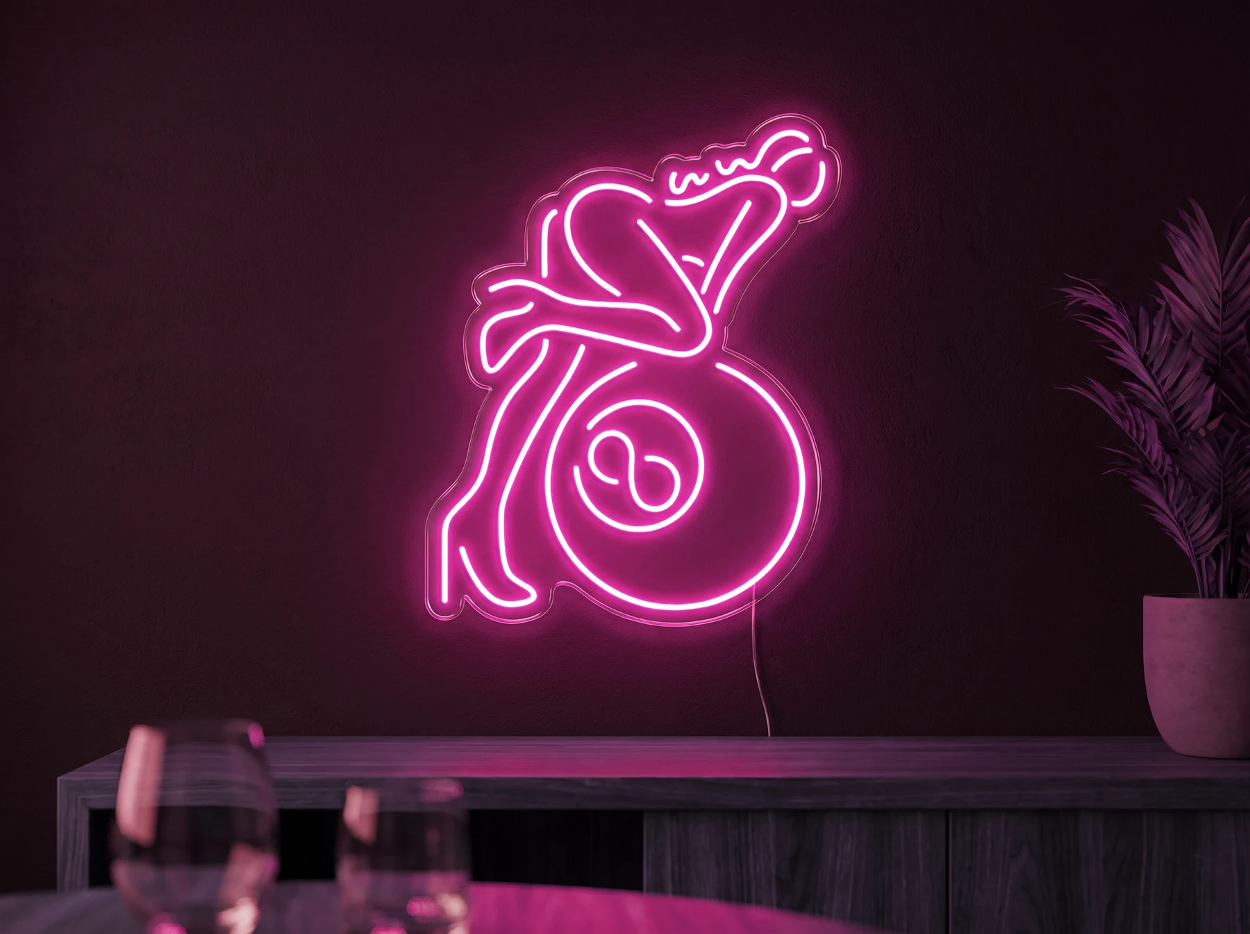 Neonskylt «Biljard» i rosa LED-neon, monterad på vägg