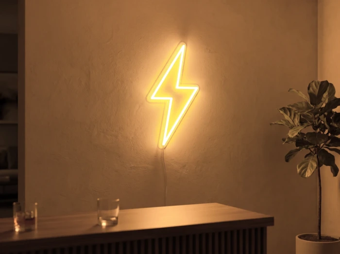 Neonskylt «Blixt» i orange LED-neon, monterad på vägg