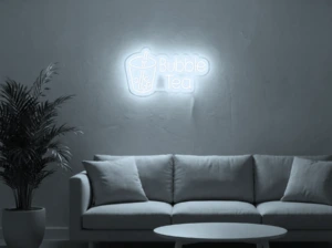 Neonskylt «Bubble Tea» i iskall vit LED-neon, monterad på vägg