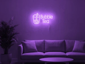 Neonskylt «Bubble Tea» i lila LED-neon, monterad på vägg