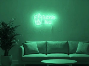 Neonskylt «Bubble Tea» i mintgrön LED-neon, monterad på vägg