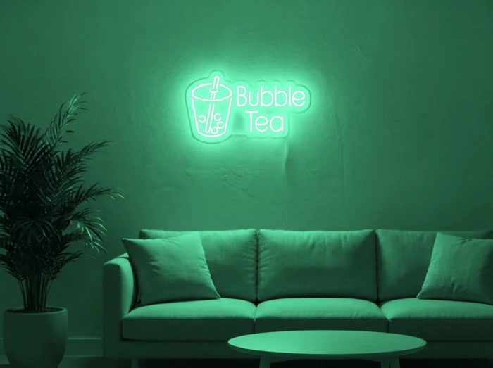 Neonskylt «Bubble Tea» i mintgrön LED-neon, monterad på vägg