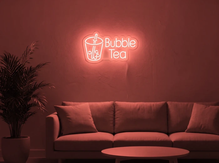 Neonskylt «Bubble Tea» i röd LED-neon, monterad på vägg