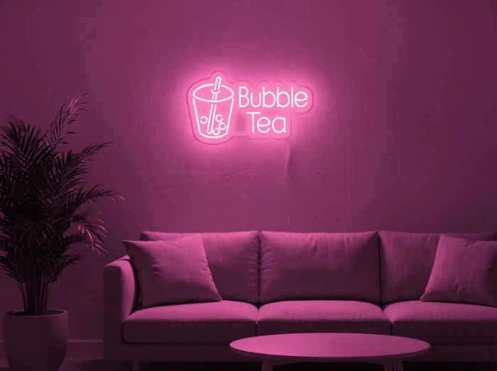Neonskylt «Bubble Tea» i rosa LED-neon, monterad på vägg