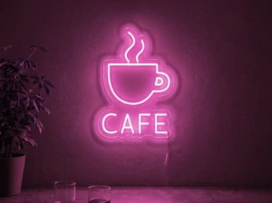 Neonskylt «Cafe» i rosa LED-neon, monterad på vägg