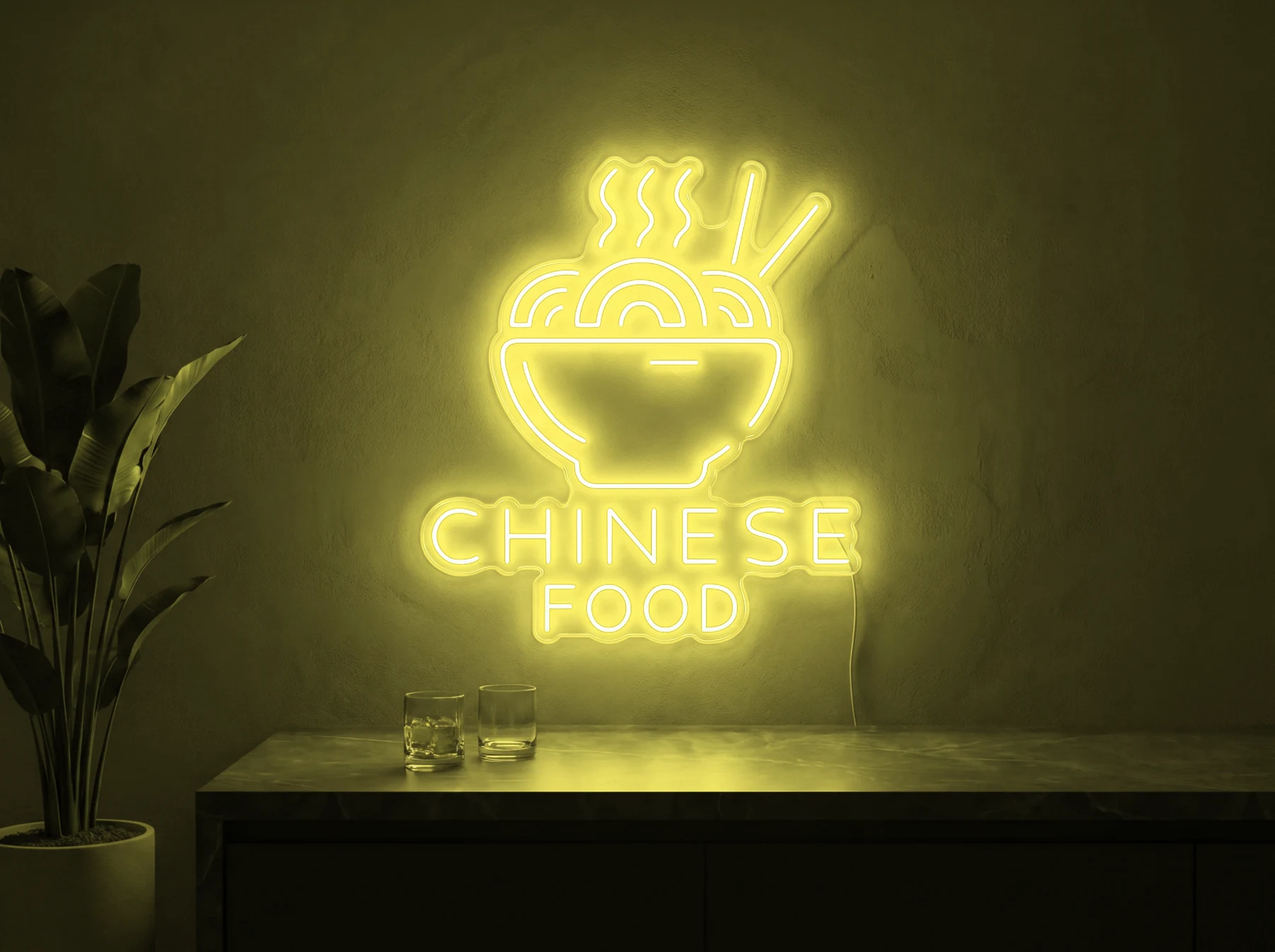 Neonskylt «Chinese Food» i gul LED-neon, monterad på vägg