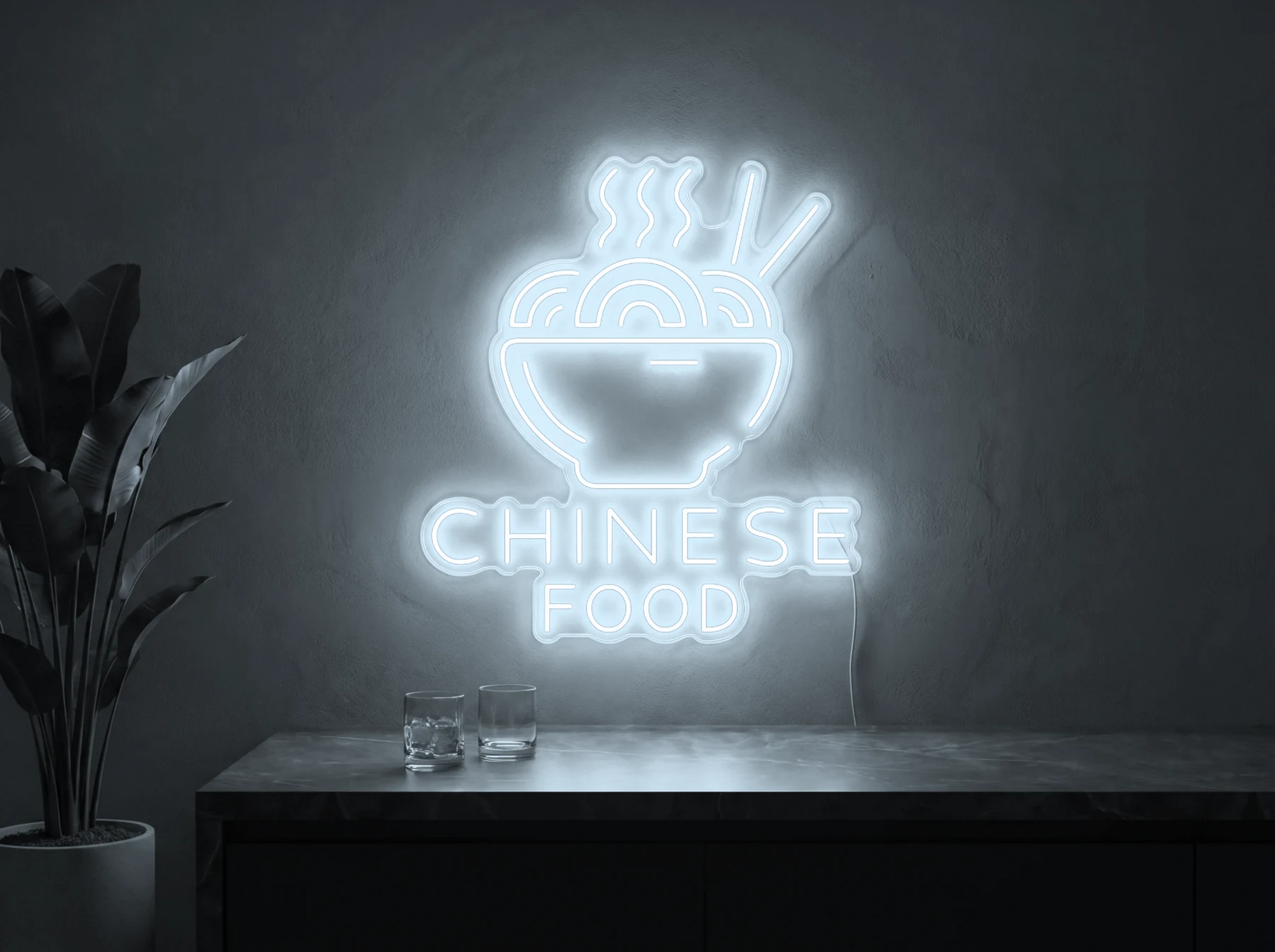 Neonskylt «Chinese Food» i iskall vit LED-neon, monterad på vägg