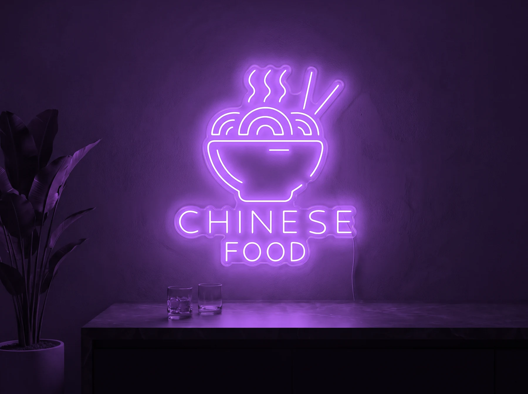Neonskylt «Chinese Food» i lila LED-neon, monterad på vägg