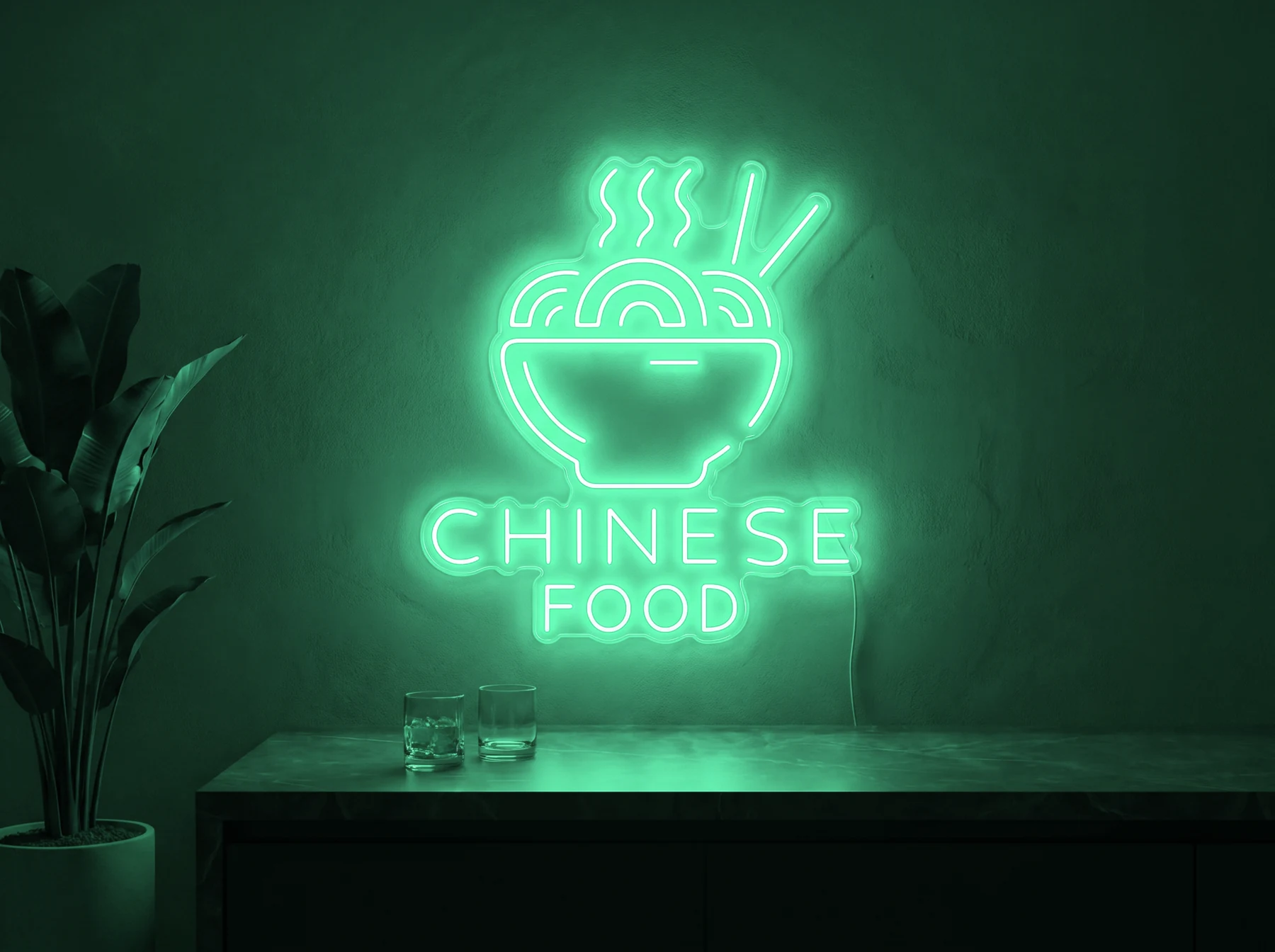 Neonskylt «Chinese Food» i mintgrön LED-neon, monterad på vägg