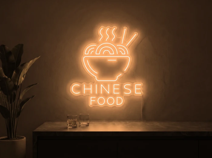 Neonskylt «Chinese Food» i orange LED-neon, monterad på vägg