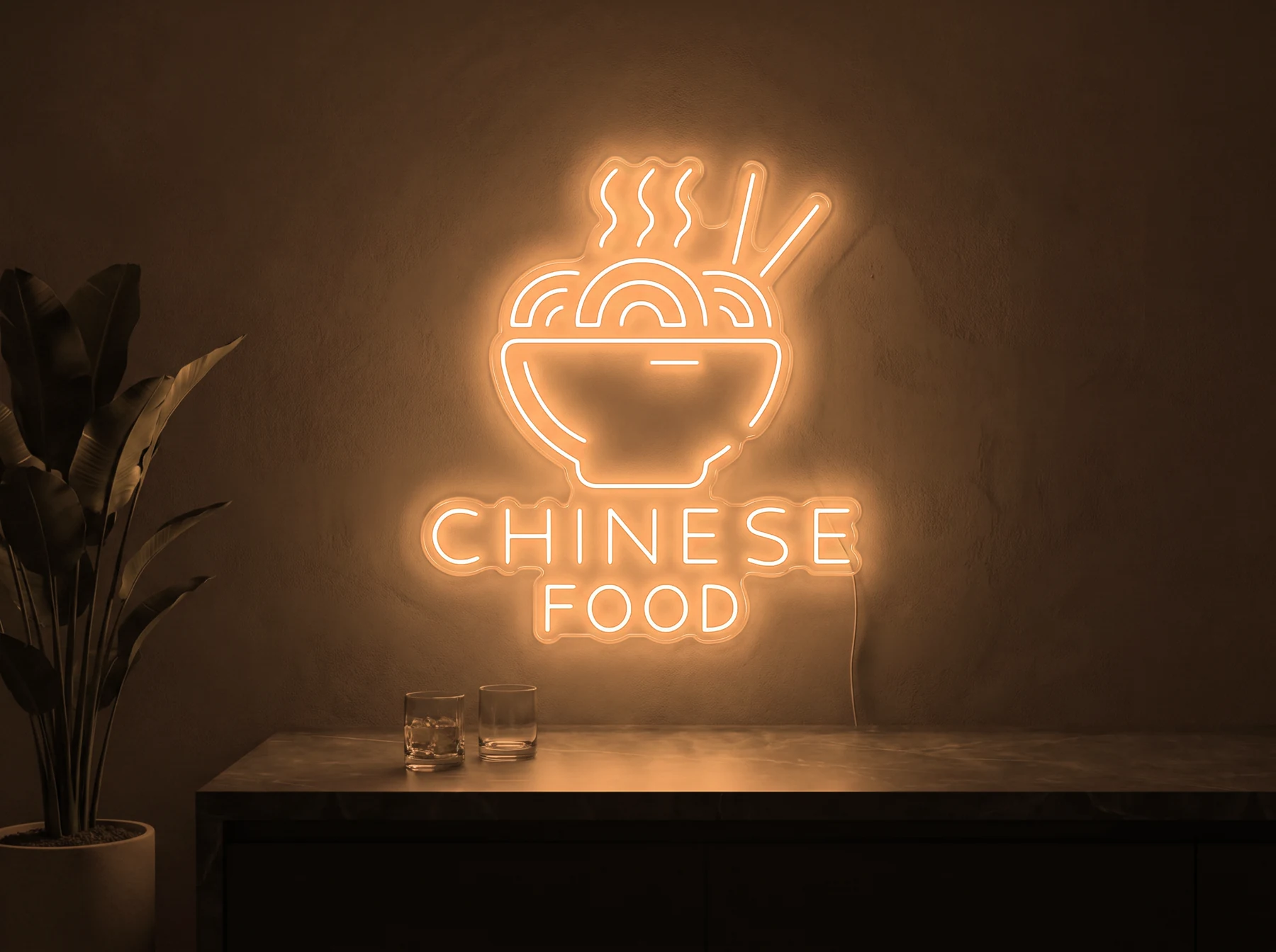 Neonskylt «Chinese Food» i orange LED-neon, monterad på vägg