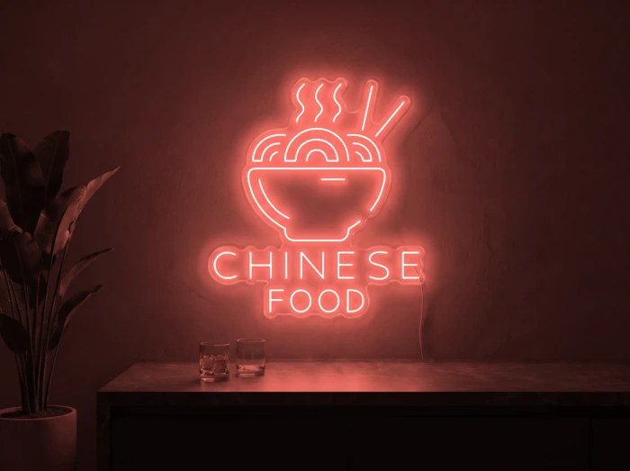 Neonskylt «Chinese Food» i röd LED-neon, monterad på vägg