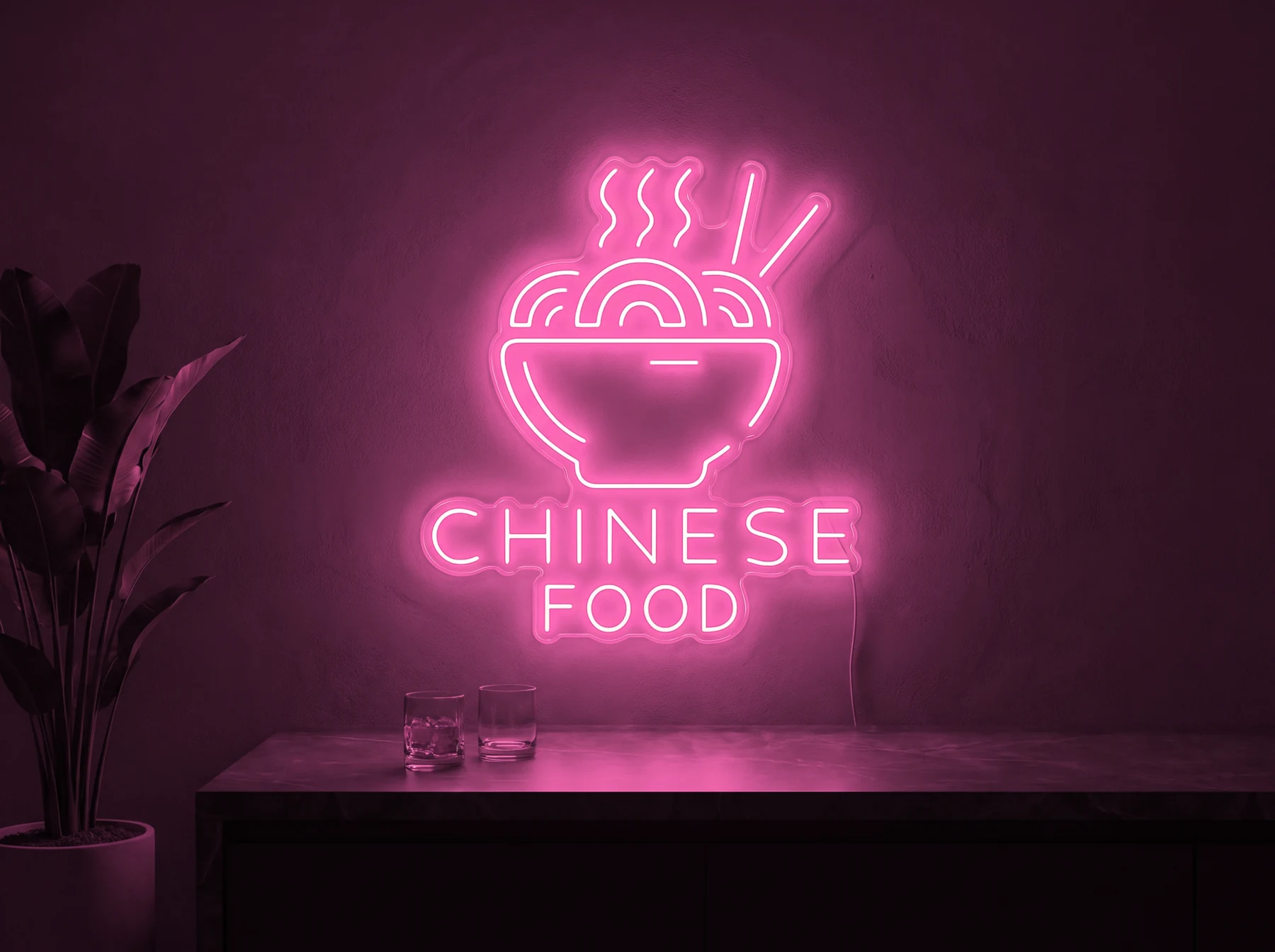 Neonskylt «Chinese Food» i rosa LED-neon, monterad på vägg