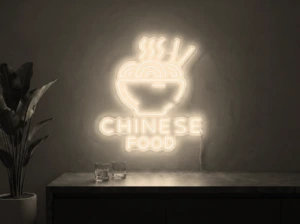 Neonskylt «Chinese Food» i varmvit LED-neon, monterad på vägg