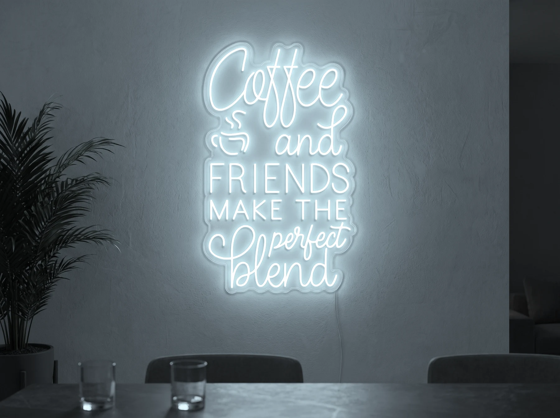 Neonskylt «Coffee and Friends» i iskall vit LED-neon, monterad på vägg