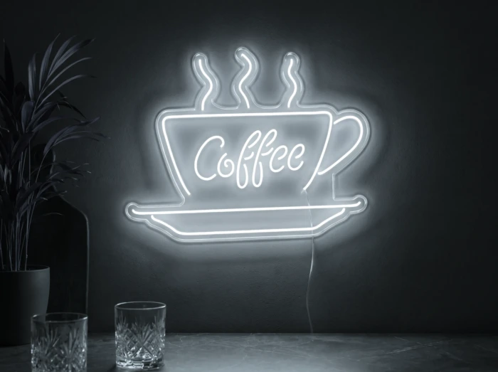 Neonskylt «Coffee» i iskall vit LED-neon, monterad på vägg