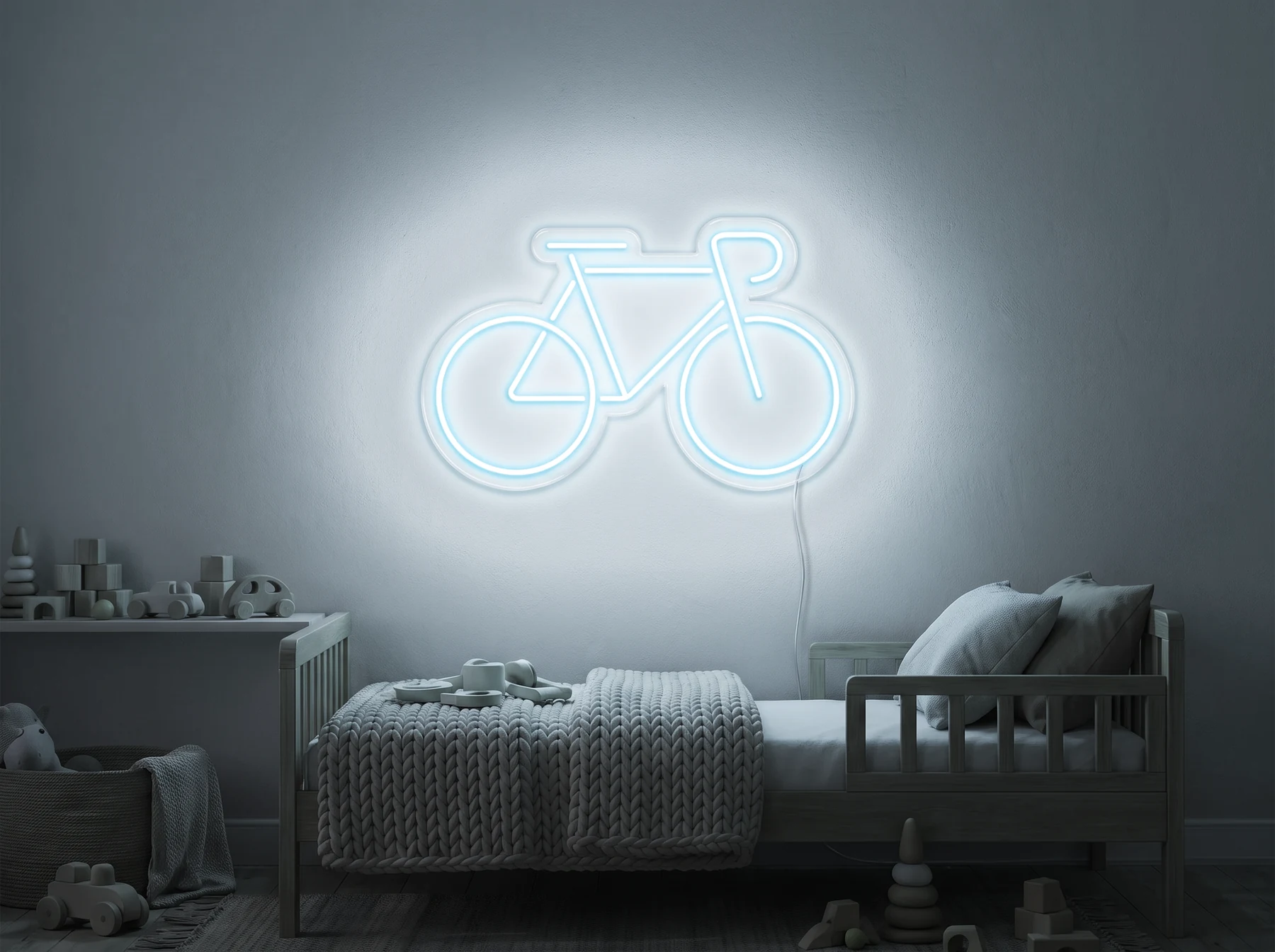 Neonskylt «Cykel» i iskall vit LED-neon, monterad på vägg