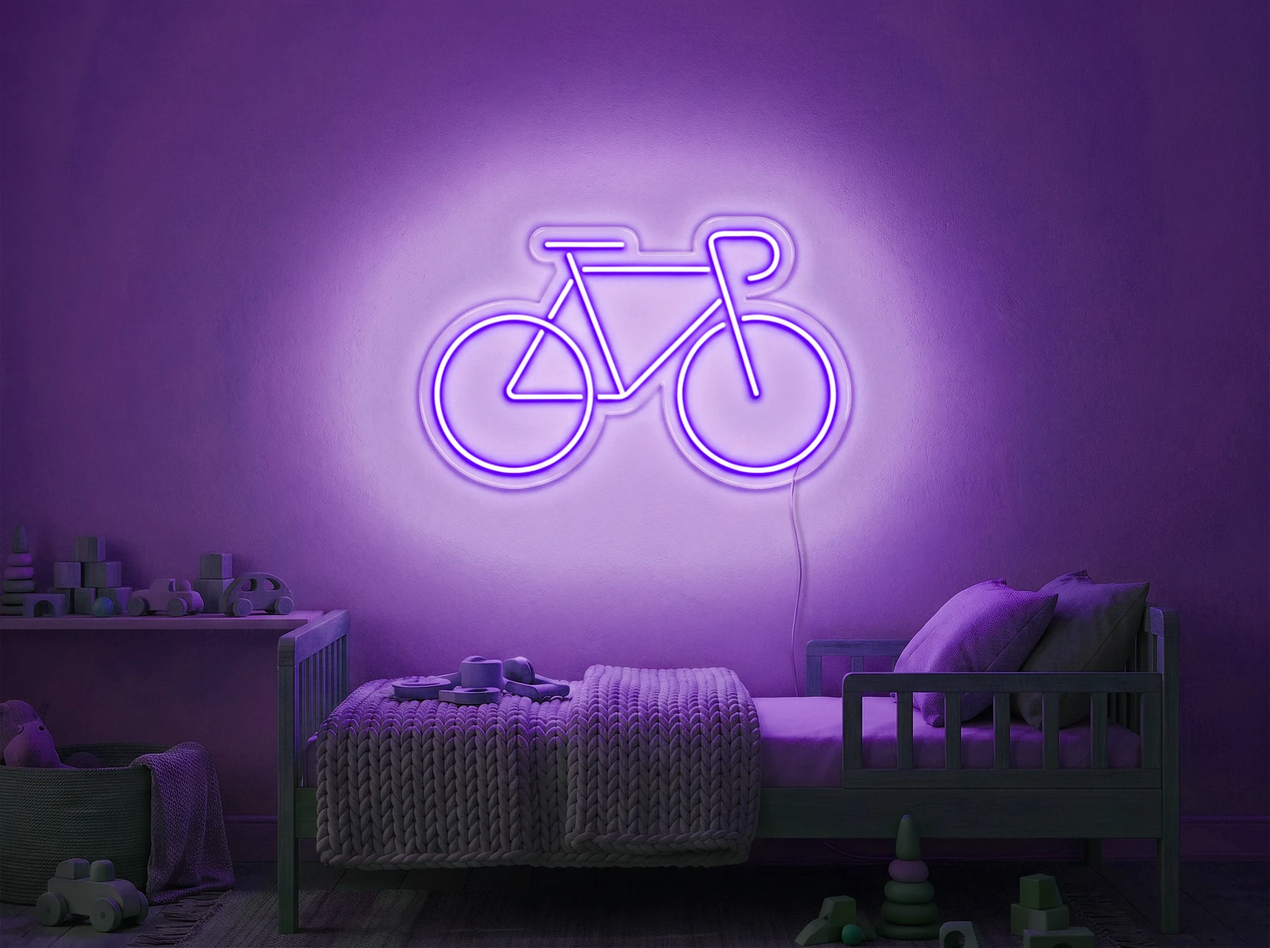 Neonskylt «Cykel» i lila LED-neon, monterad på vägg