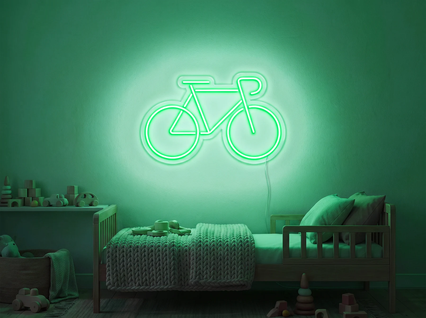 Neonskylt «Cykel» i mintgrön LED-neon, monterad på vägg