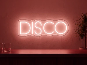 Neonskylt «Disco» i röd LED-neon, monterad på vägg