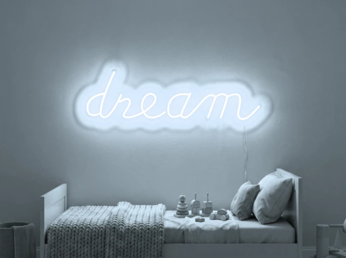 Neonskylt «Dream» i iskall vit LED-neon, monterad på vägg