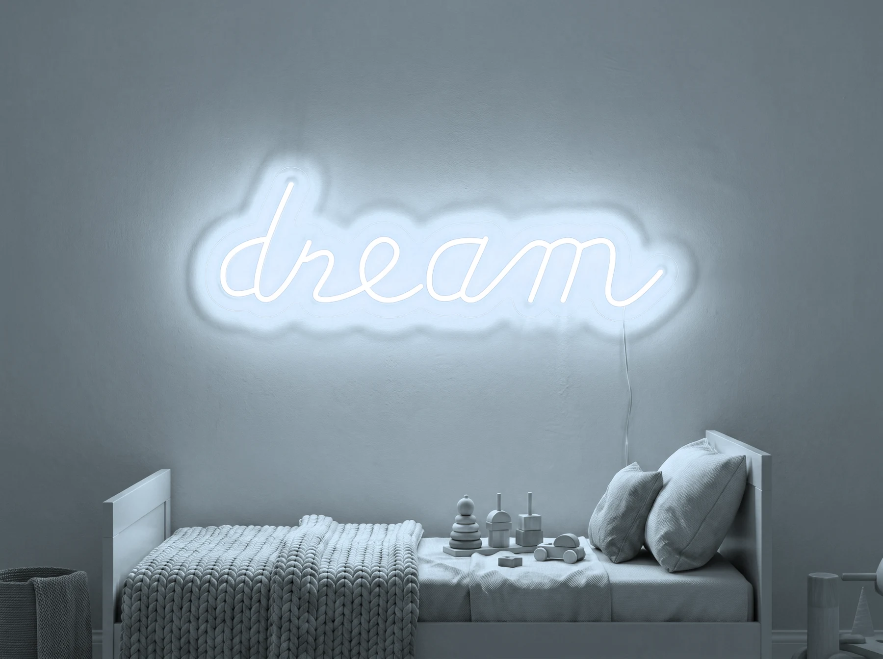 Neonskylt «Dream» i iskall vit LED-neon, monterad på vägg