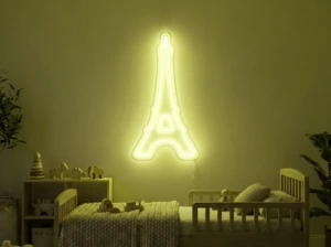 Neonskylt «Eiffeltornet» i gul LED-neon, monterad på vägg