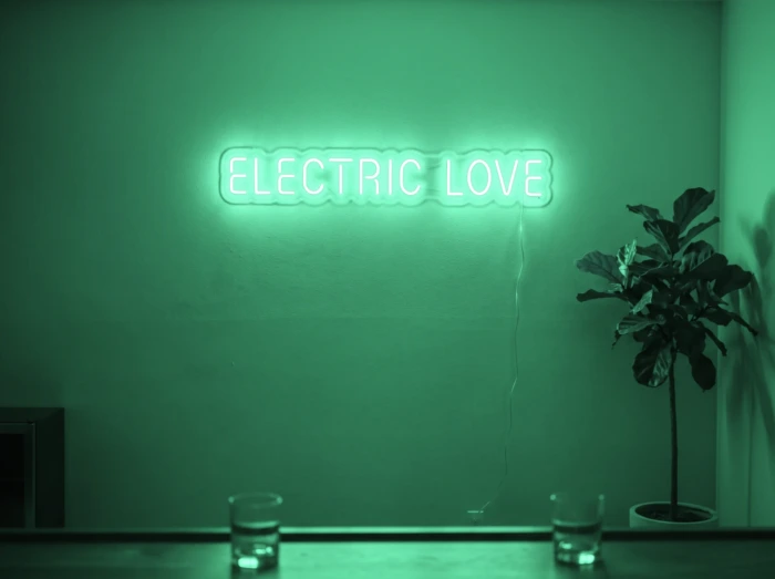 Neonskylt «Electric Love» i mintgrön LED-neon, monterad på vägg