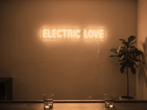 Neonskylt «Electric Love» i orange LED-neon, monterad på vägg