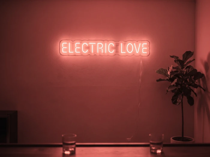 Neonskylt «Electric Love» i röd LED-neon, monterad på vägg