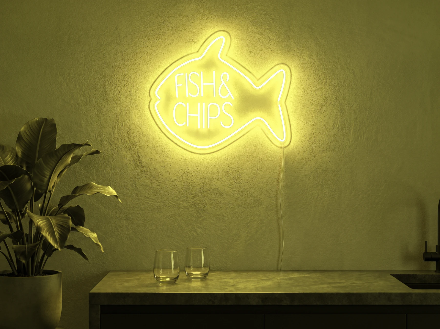 Neonskylt «Fish & Chips» i gul LED-neon, monterad på vägg