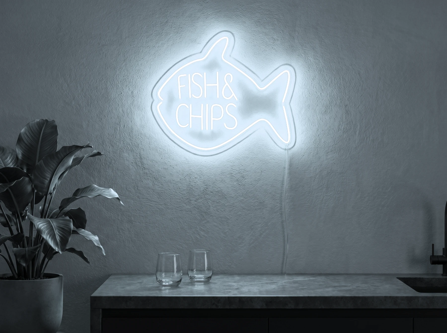Neonskylt «Fish & Chips» i iskall vit LED-neon, monterad på vägg