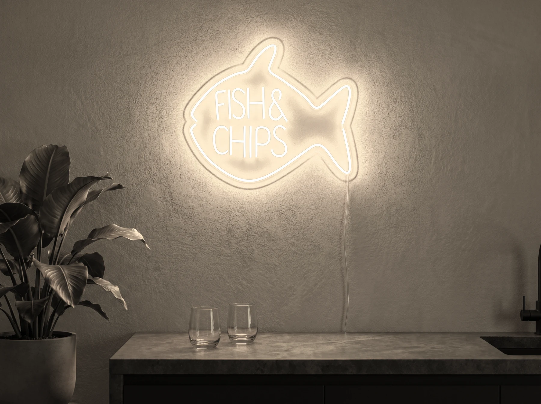 Neonskylt «Fish & Chips» i varmvit LED-neon, monterad på vägg