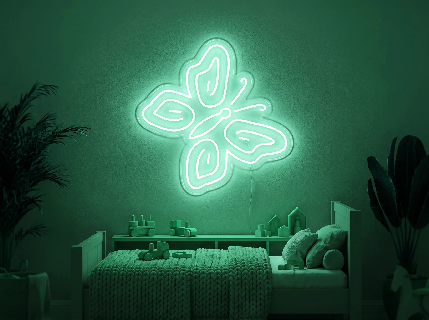 Neonskylt «Fjäril» i mintgrön LED-neon, monterad på vägg