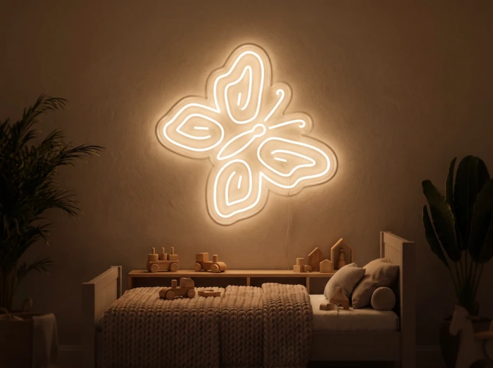 Neonskylt «Fjäril» i orange LED-neon, monterad på vägg