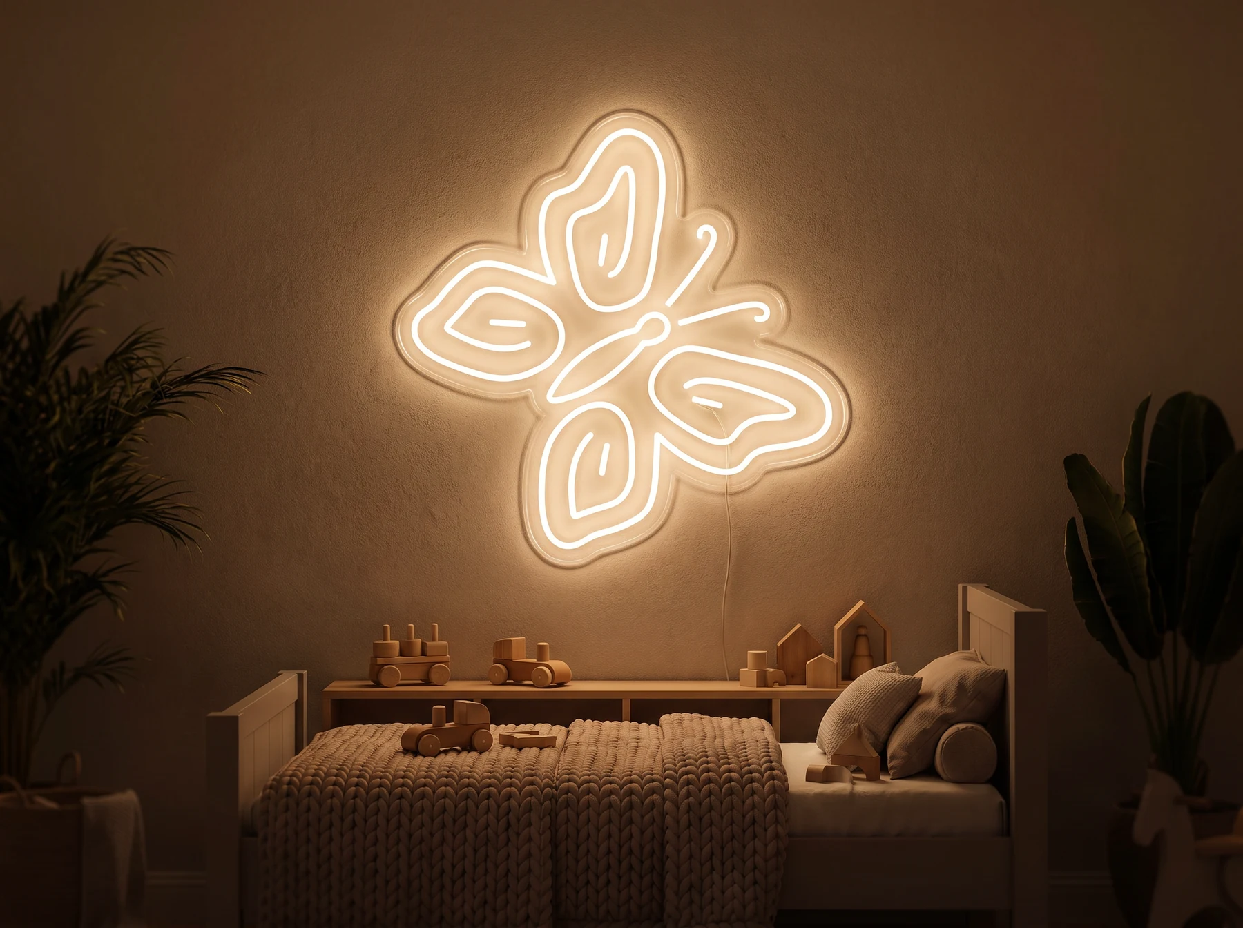 Neonskylt «Fjäril» i orange LED-neon, monterad på vägg