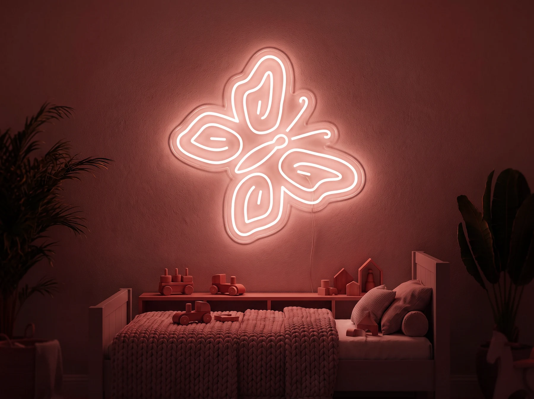 Neonskylt «Fjäril» i röd LED-neon, monterad på vägg