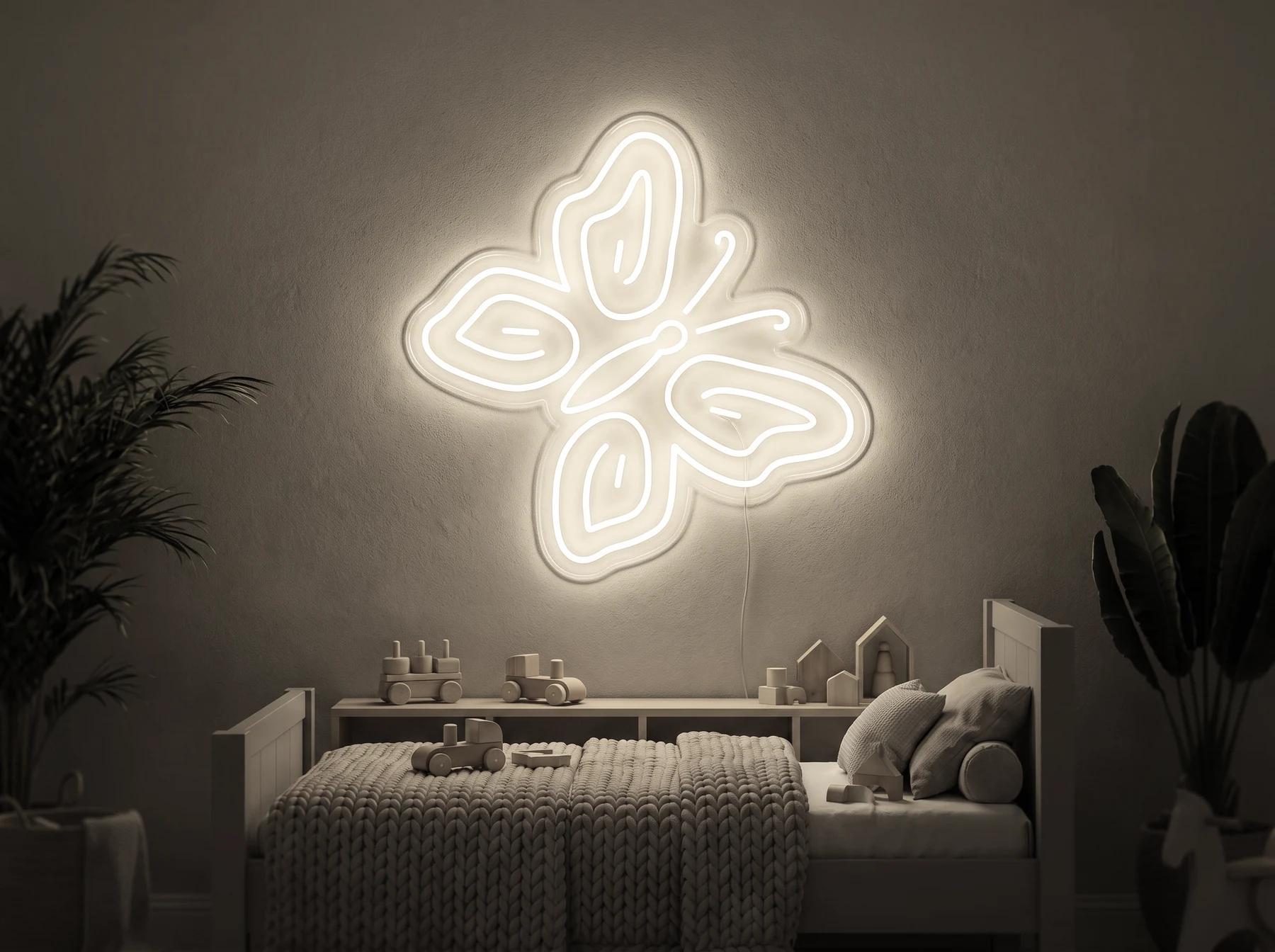 Neonskylt «Fjäril» i varmvit LED-neon, monterad på vägg