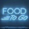Neonskylt «Food To Go» i isblå LED-neon, monterad på vägg