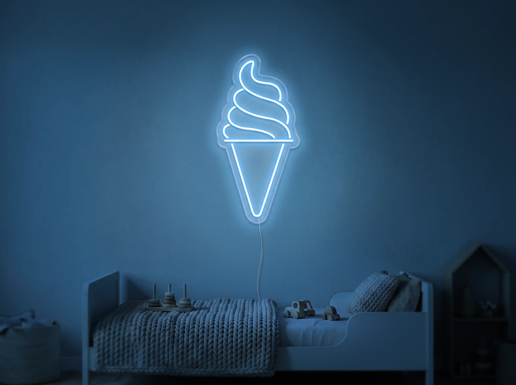 Neonskylt «Softglass» i isblå LED-neon, monterad på vägg