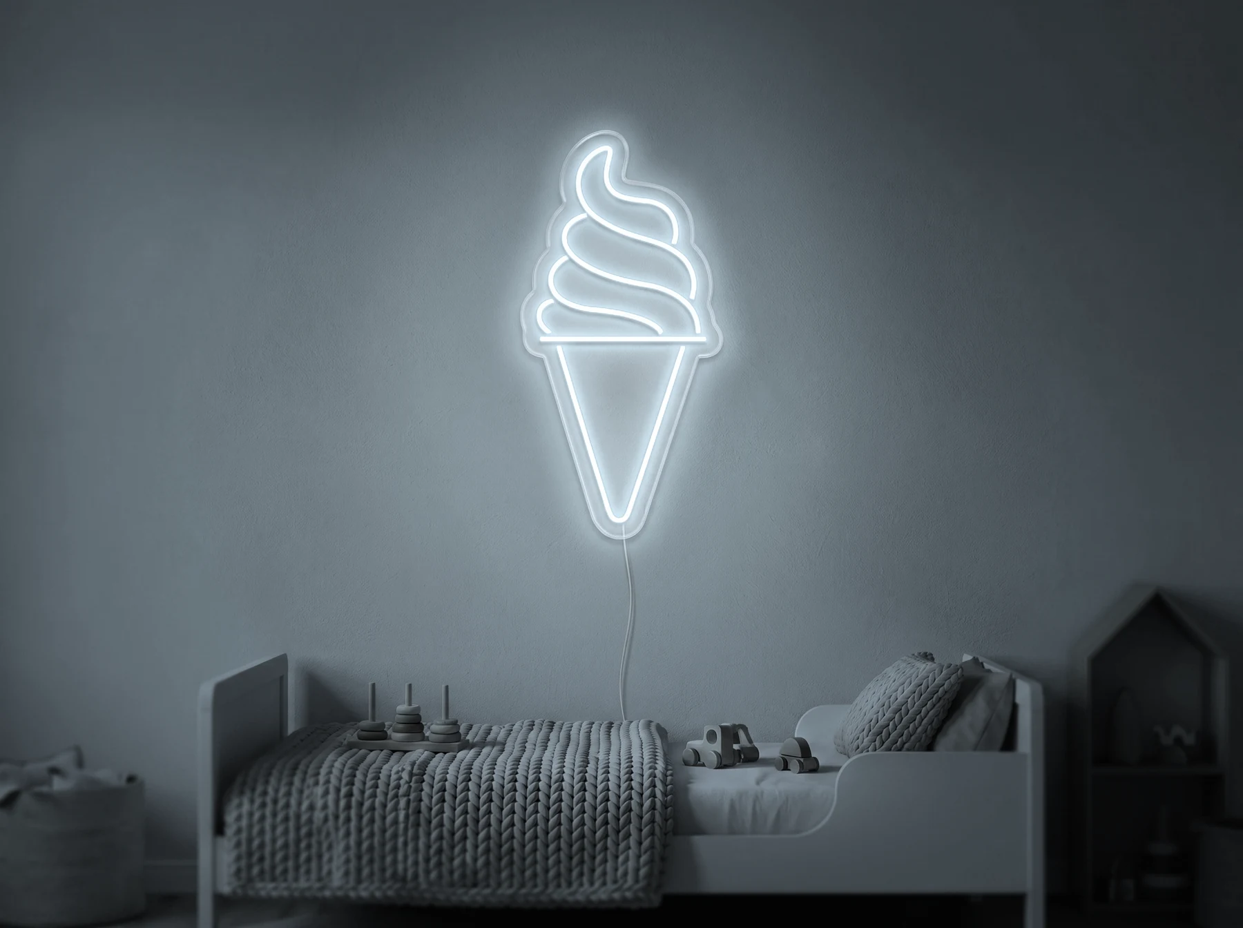 Neonskylt «Softglass» i iskall vit LED-neon, monterad på vägg
