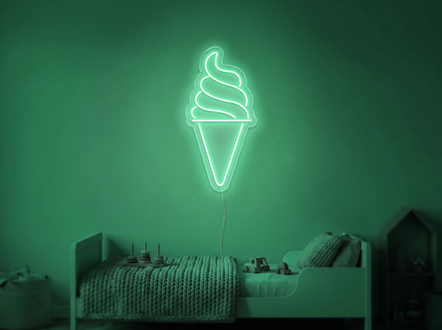 Neonskylt «Softglass» i mintgrön LED-neon, monterad på vägg