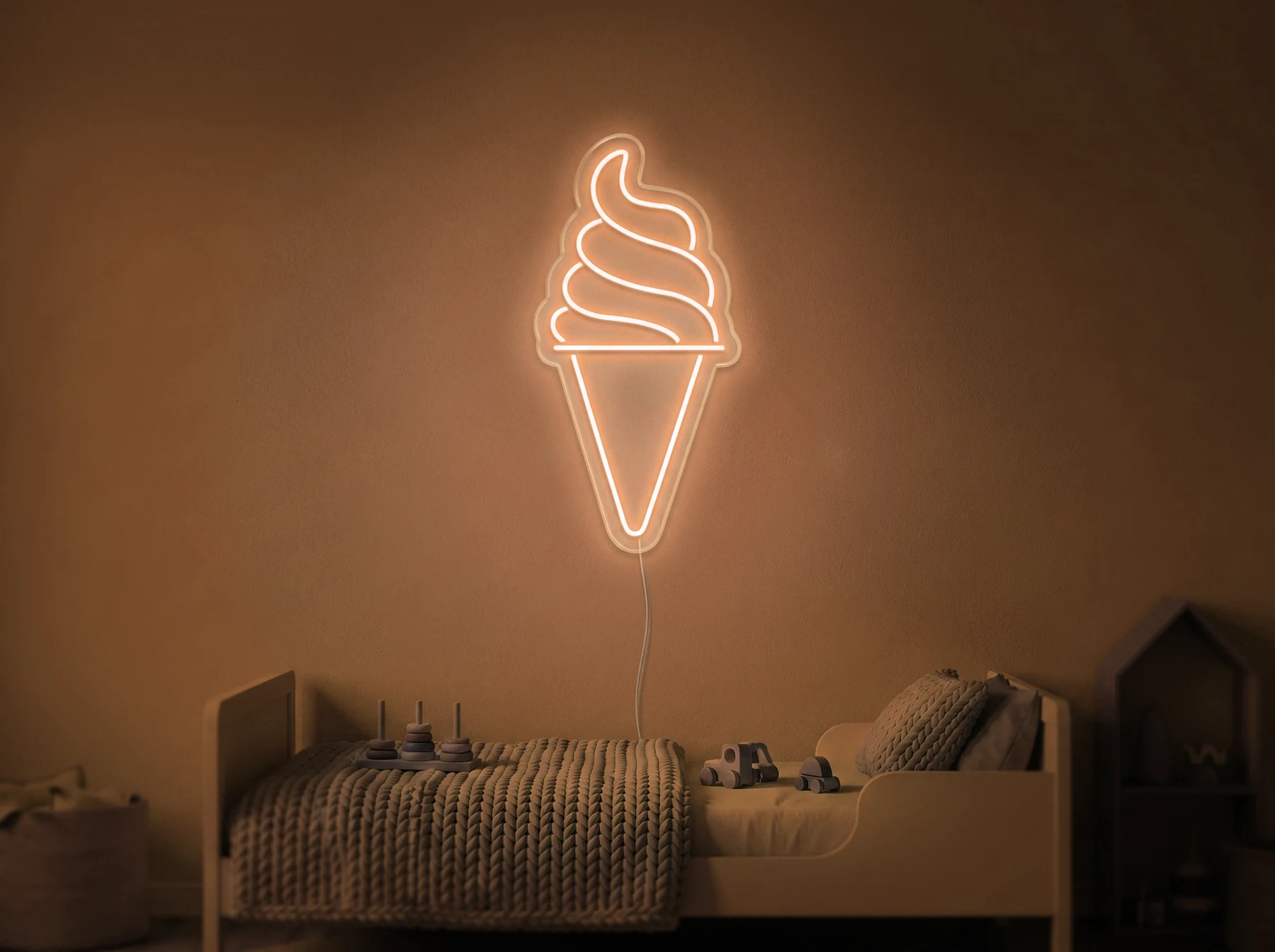 Neonskylt «Softglass» i orange LED-neon, monterad på vägg