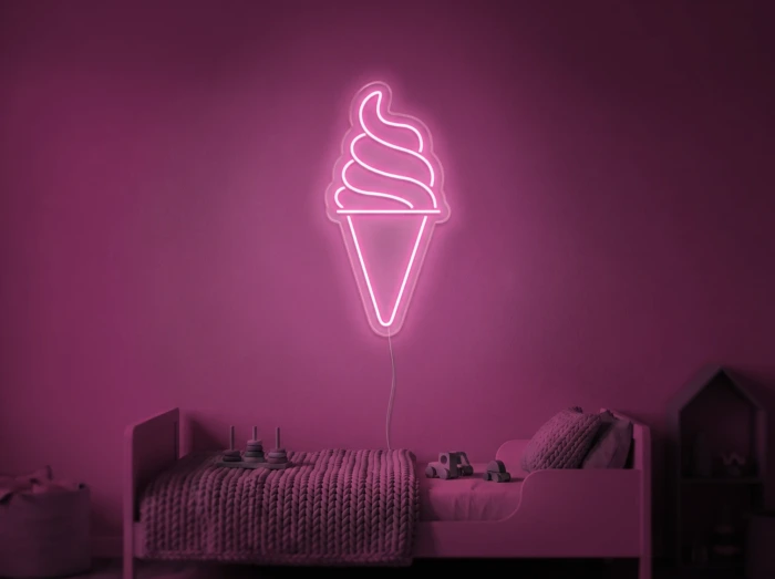 Neonskylt «Softglass» i rosa LED-neon, monterad på vägg
