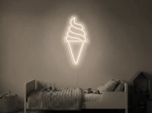 Neonskylt «Softglass» i varmvit LED-neon, monterad på vägg
