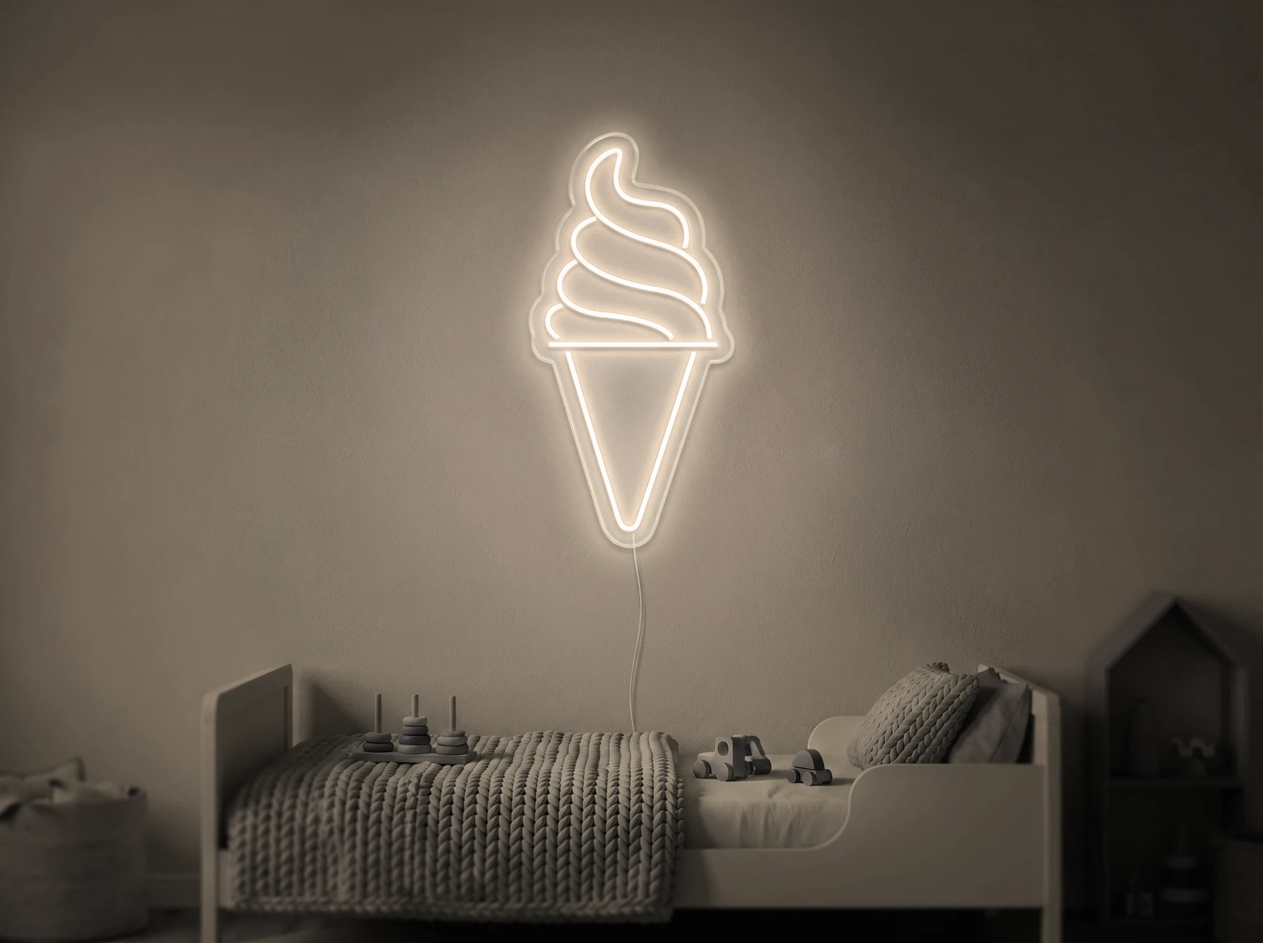 Neonskylt «Softglass» i varmvit LED-neon, monterad på vägg